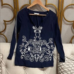 Boden Dark Blue Blouse with White Embroidery